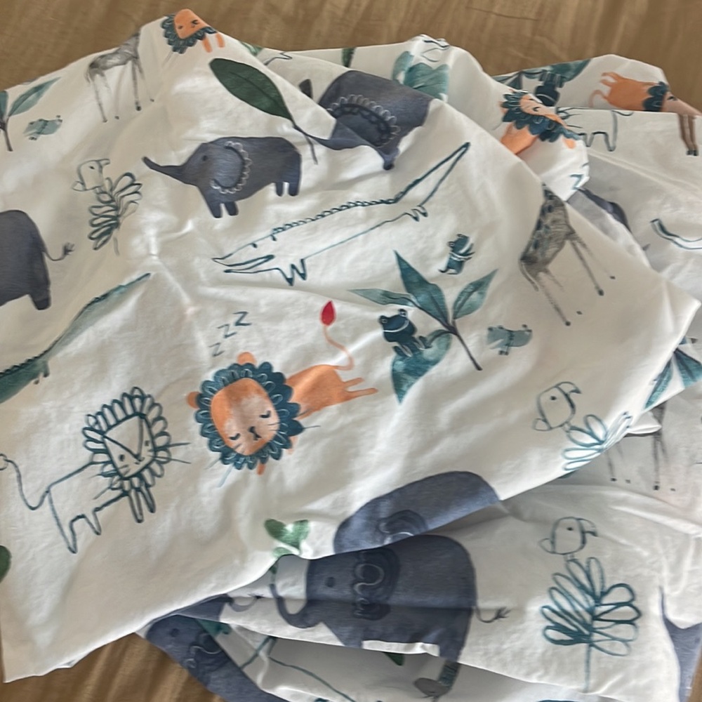 Set of 2 Pottery Barn Kids safari animal crib fitted sheets